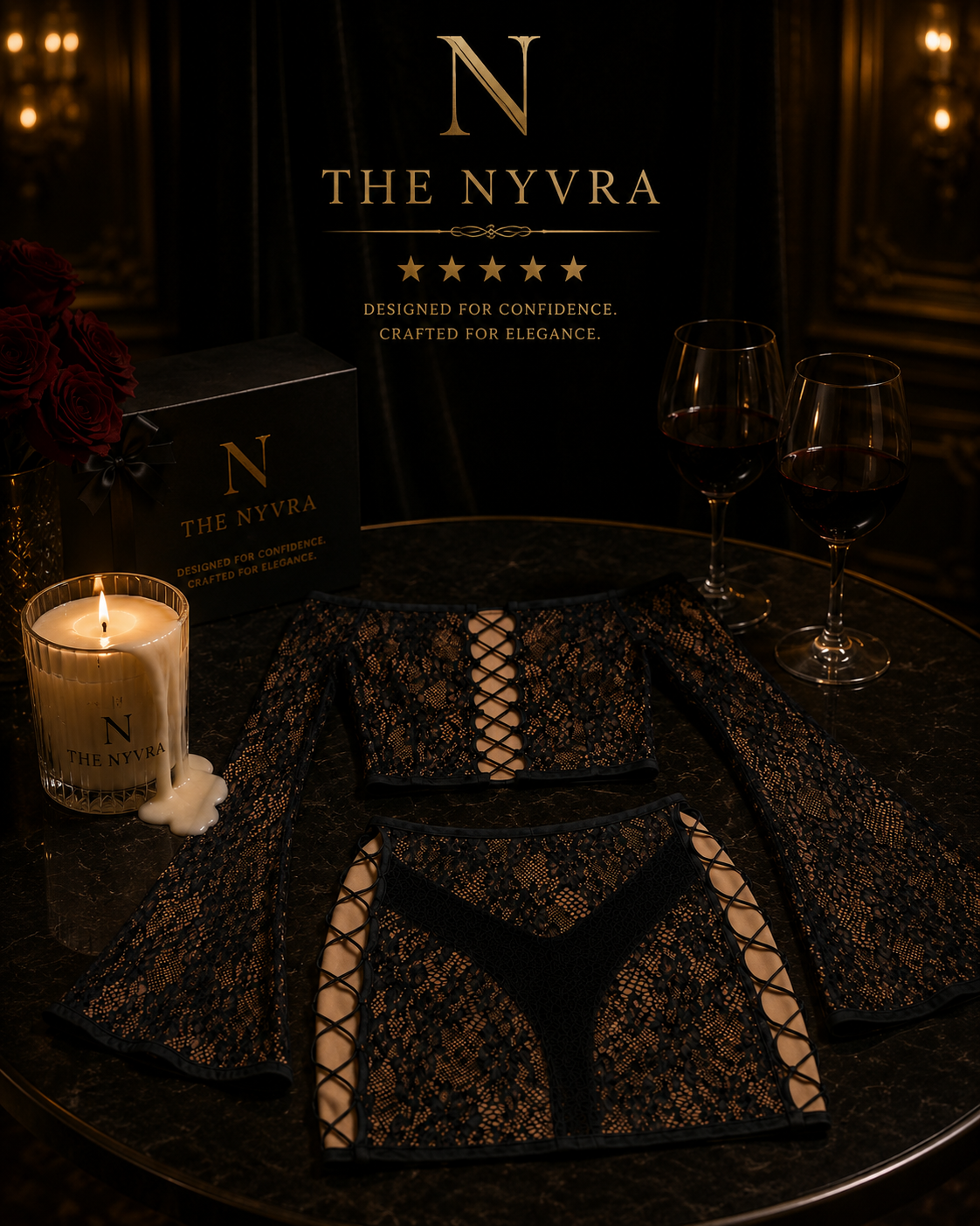 Mystique lace lounge set by The Nyvra Global featuring a stylish, comfortable lace top and matching bottoms for relaxed wear.