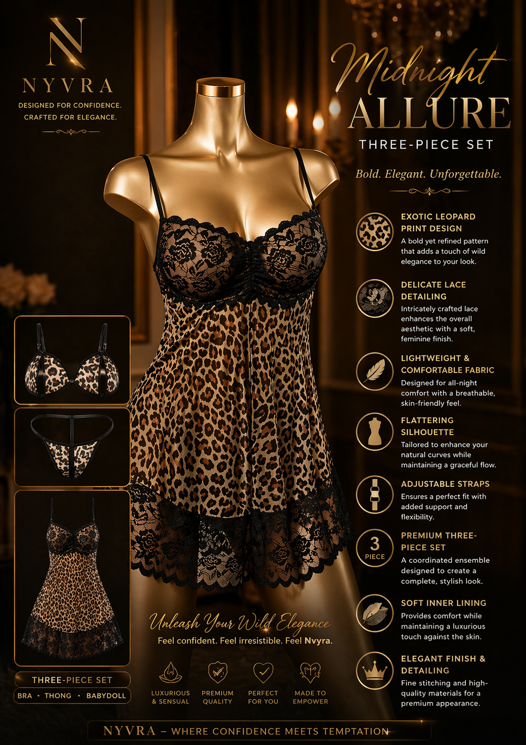 Nvyra Wild Desire Ensemble by The Nyvra Global, featuring elegant clothing with intricate design details on a mannequin.