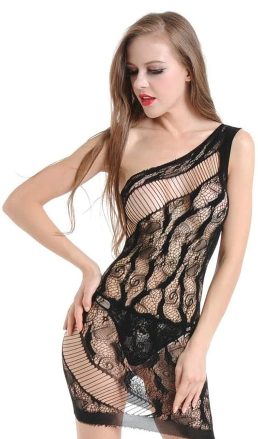 Black Siren's Eclipse Fishnet Dress by My Store 3, featuring intricate fishnet pattern and fitted silhouette.