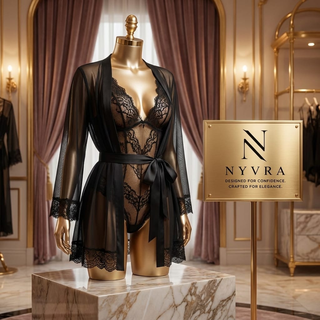 Nyvra Midnight Allure sheer lace robe set featuring delicate lace details and a flowing design, perfect for elegant loungewear.
