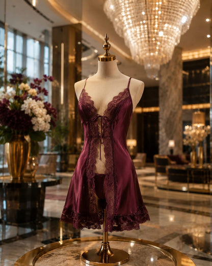 Faizaenterpises Midnight Merlot Babydoll lingerie with lace details, soft fabric, and adjustable straps, displayed on a hanger.