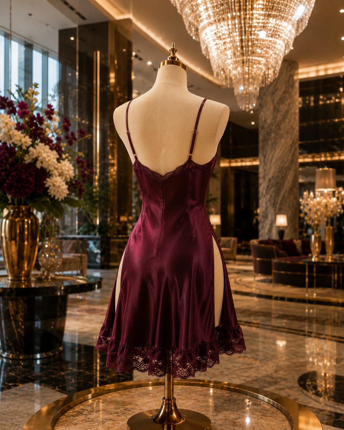 Faizaenterpises Midnight Merlot Babydoll lingerie featuring soft fabric and delicate lace detailing, displayed on a hanger.