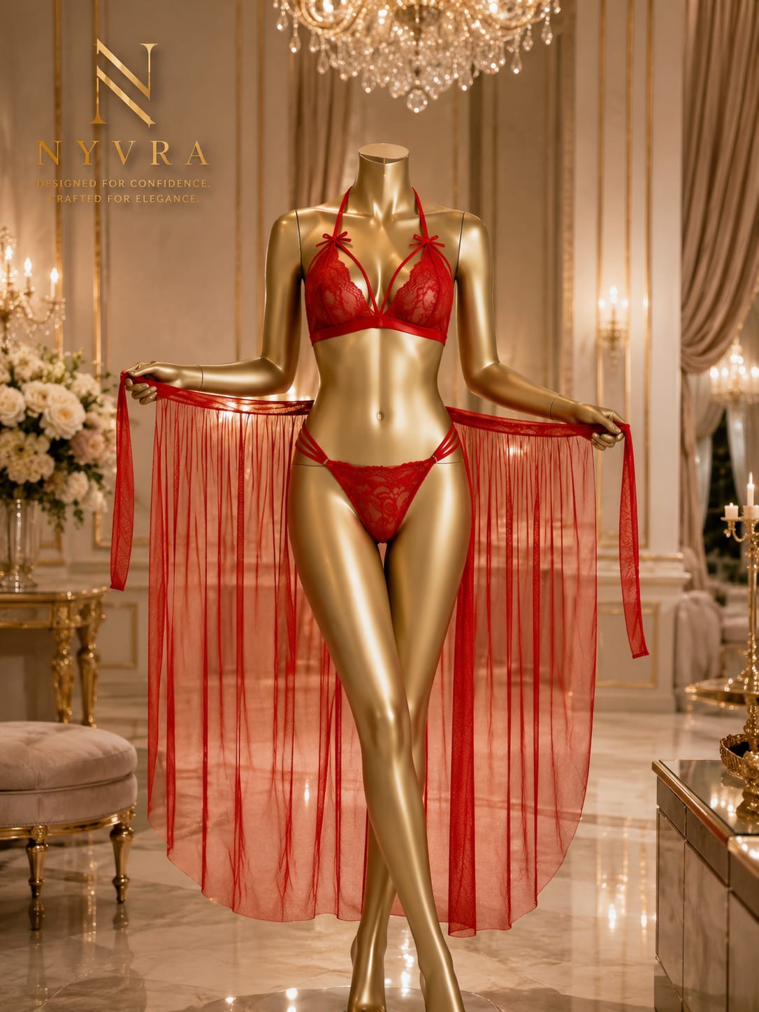 Red lingerie set named Midnight Passion in Red by My Store 3, displayed on a flat surface with intricate lace details.