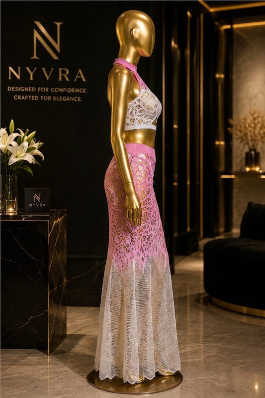 Elegant Nyvra Rosé Siren Gown by My Store 3 featuring flowing fabric and intricate detailing, perfect for formal occasions.